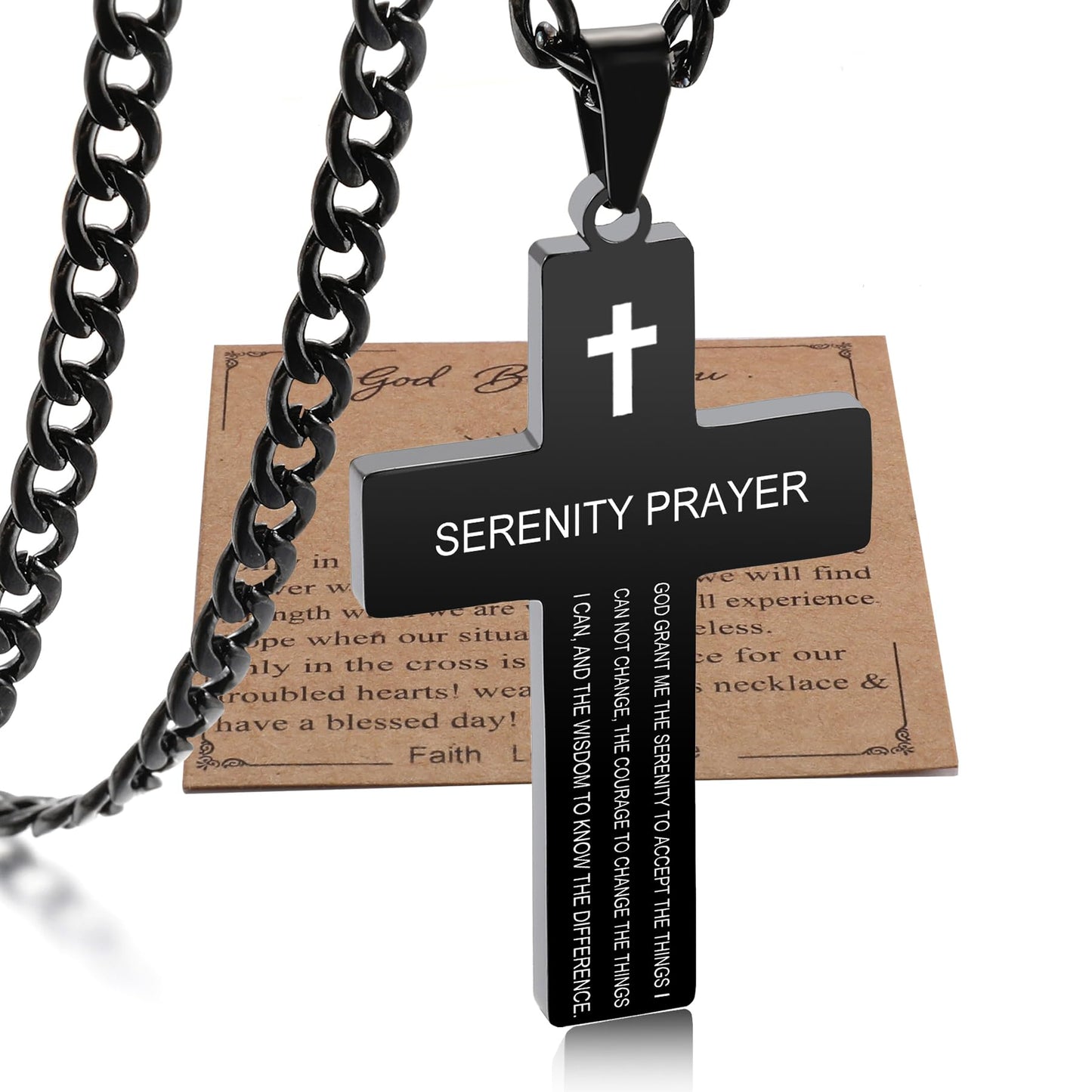 SKQIR Cross Necklace for Men with Bible Verse Christian Religious Serenity Prayer Scripture Baptism First Communion Black Chain Pendant for Boys JewelryFathers Day Dad 2024 Graduation Gifts for Him