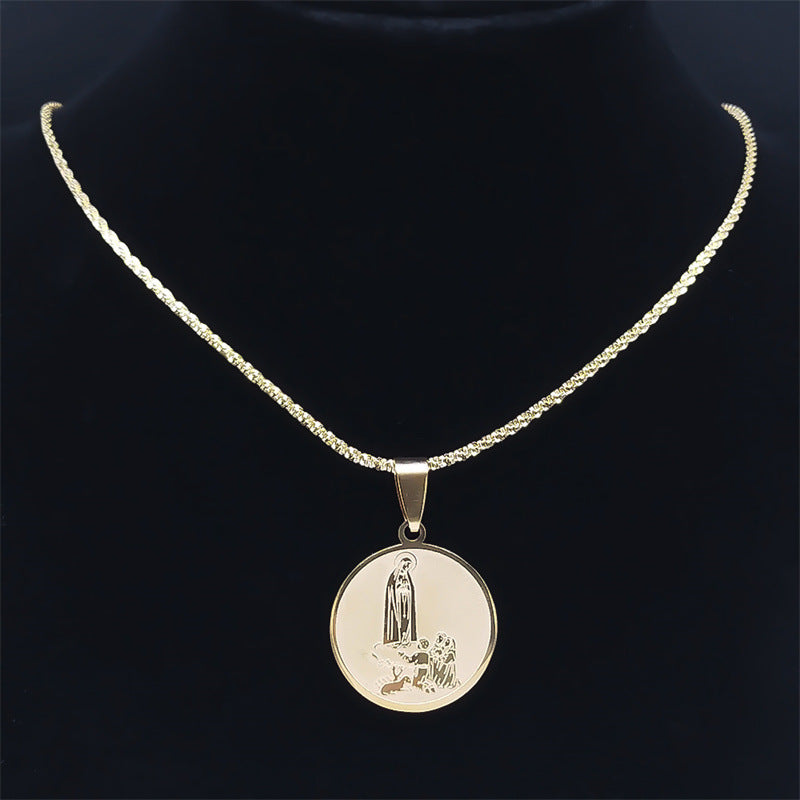 Gold-Plated Round Medallion Virgin Mary Prayer Necklace