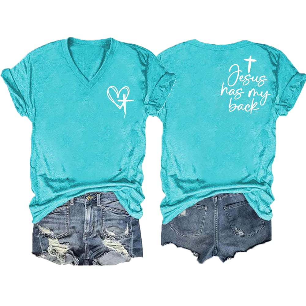 Jesus Has My Back Tee Womens Plus Size Faith in Jesus V Neck Christian Inspirational Graphic Top Water Blue 2XL