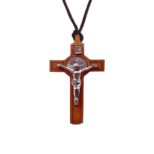 COLORFUL BLING Natural Wooden Cross Pendant Necklace for Men Women Religous Jesus Faith Sideways Crucifix Necklace for Car Mirror Pendant Prayer Protection Jewelry-brown silver