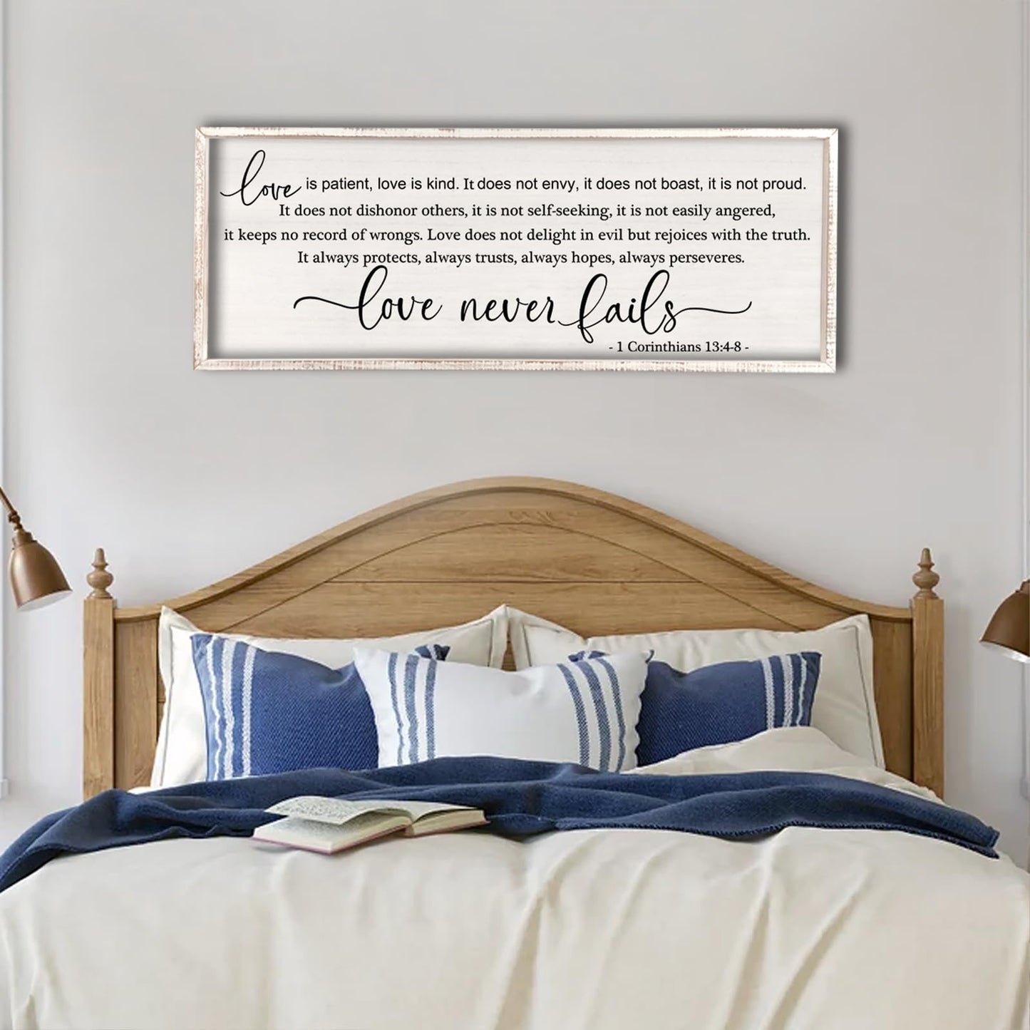 flowtorely Love is Patient Love is Kind Wall Art Decor 32"X12" Love Never Fails Sign 1 Corinthians 13 Bedroom Above Bed Large Bible Verse Quote Scripture Christianity Hanging Sign (White)