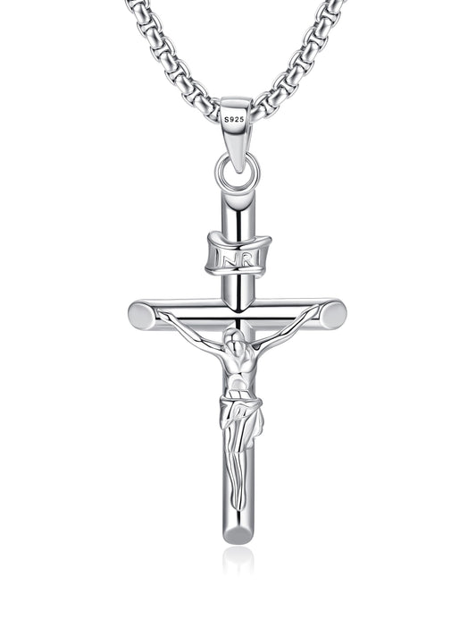 MILACOLATO 925 Sterling Silver Crucifix Necklace for Men Women 2mm Sterling Silver Rolo Chain Small Crucifix Pendant Jesus Crucifix Cross Necklace 18 Inches Christian Religious Jewelry Gifts