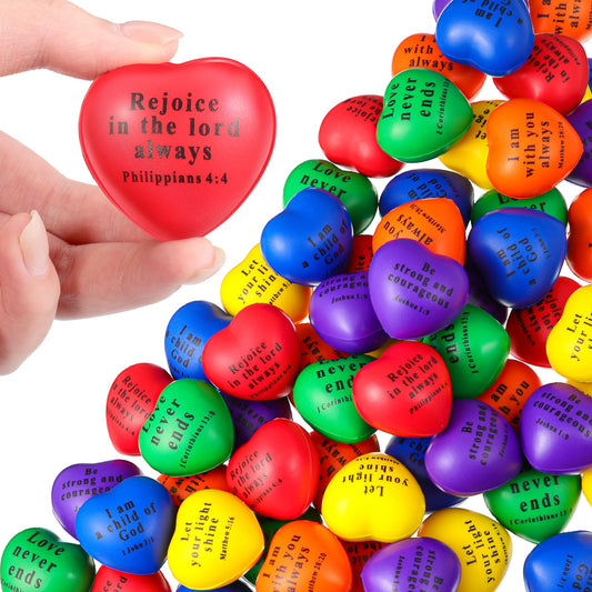 60 Pcs Christian Heart Stress Balls Bulk Jesus Bible Quotes Motivational Stress Balls PU Foam Stress Relief Balls First Communion Baptism Gifts for Religious Christian Party(Bright ColorGroovy)