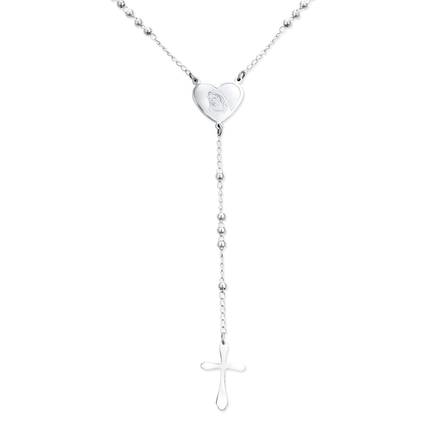 Bling Jewelry Religious Christian Dainty 2MM Round Ball Beaded Link Heart Holy Mother Virgin Mary Delicate Simple Cross Prayer Rosary Rosario Chain for Women Teen Silver Tone Stainless Steel