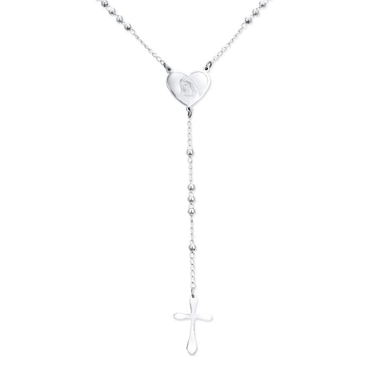 Bling Jewelry Religious Christian Dainty 2MM Round Ball Beaded Link Heart Holy Mother Virgin Mary Delicate Simple Cross Prayer Rosary Rosario Chain for Women Teen Silver Tone Stainless Steel