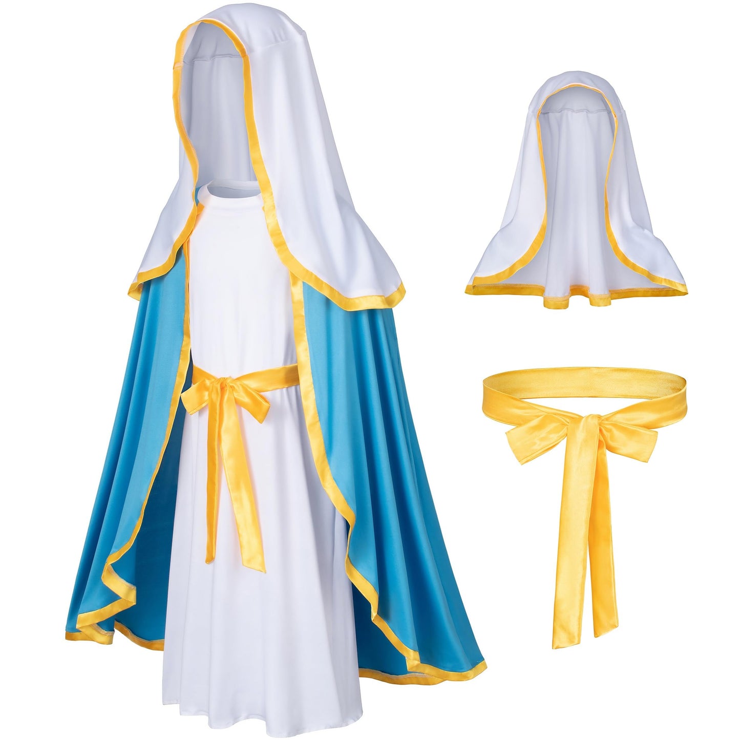 Irtysh Classic Girl Biblical Religious Virgin Mary Costume Fancy Dress Costume Headwrap Hat Waist Rope Set(10-11Years)