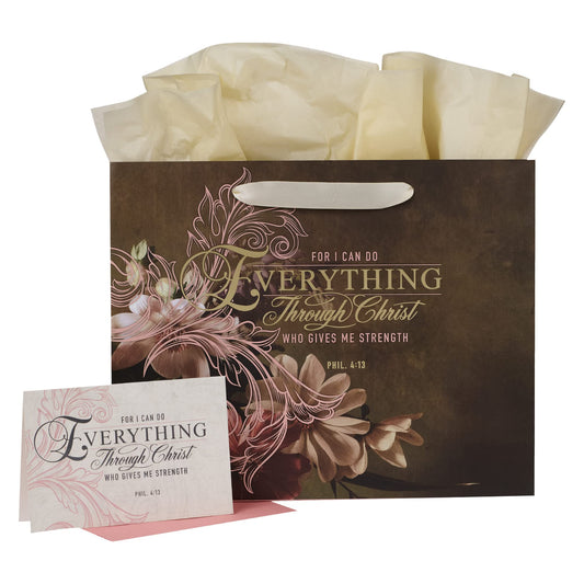 Christian Art Gifts Decorative Large Landscape Gift Bag w/Card & Tissue Paper Set for Women: Everything Through Christ - Phil. 4:13 Inspirational Bible Verse Golden Floral Pastel Pink & Iris Brown