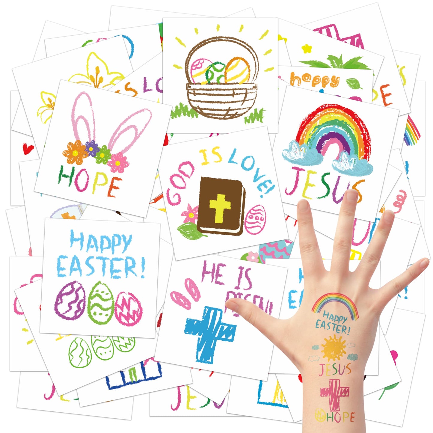 3sscha 144Pcs Happy Easter Doodles Temporary Tattoos for Kids 2 Inch Bible Easter Egg Chicks Bunny Christian Religious Non-Toxic Waterproof Body Stickers Art Decal Party Favor School Supplies
