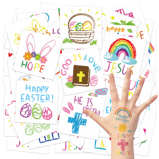 3sscha 144Pcs Happy Easter Doodles Temporary Tattoos for Kids 2 Inch Bible Easter Egg Chicks Bunny Christian Religious Non-Toxic Waterproof Body Stickers Art Decal Party Favor School Supplies