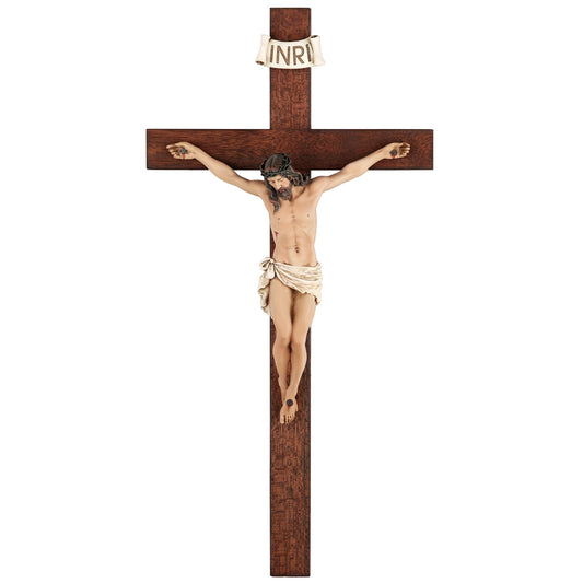 Crucifix Wall Cross - 14 Inch Olive Wood Wall Crucifix Hand Painted Resin Jesus on Wooden Crucifix Catholic Home Decor Housewarming Religious Gifts