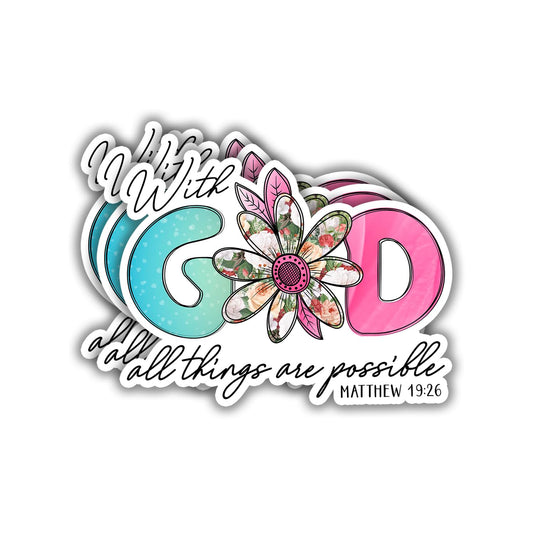 (3 pcs) with God All Things are Possible Stickers Jesus Bible Verse Matthew 19:26 Chrisian Vinyl Decal Sticker for Water Bottle Laptops Phone Case Car Kindles Hard Hat - 3x2.5