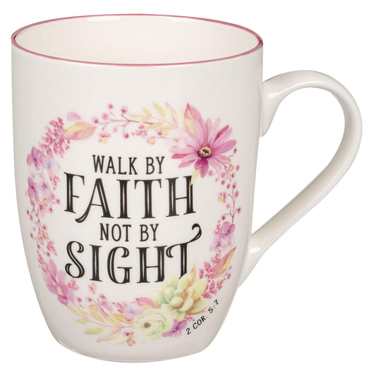 Christian Art Gifts Inspirational Scripture Ceramic Coffee & Tea Mug for Women: Walk by Faith Encouraging Bible Verse Cup Microwave & Dishwasher Safe Lead-free White & Pink Floral Wreath 12 oz.