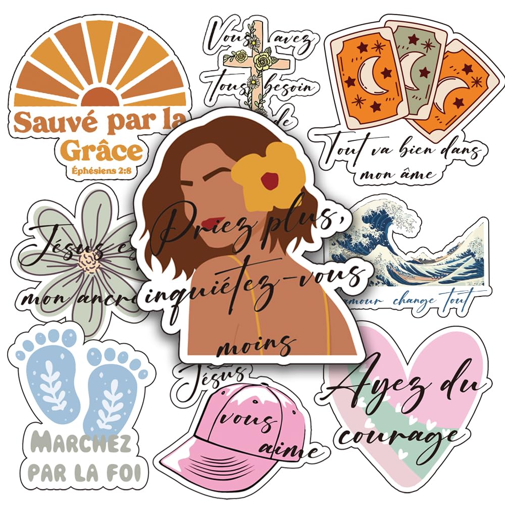 French Bible Stickers: Jesus Christian Quote Decals Catholic Religious Bible Verse Gift for Water Bottles Laptops Phone Cases and Scrapbooks