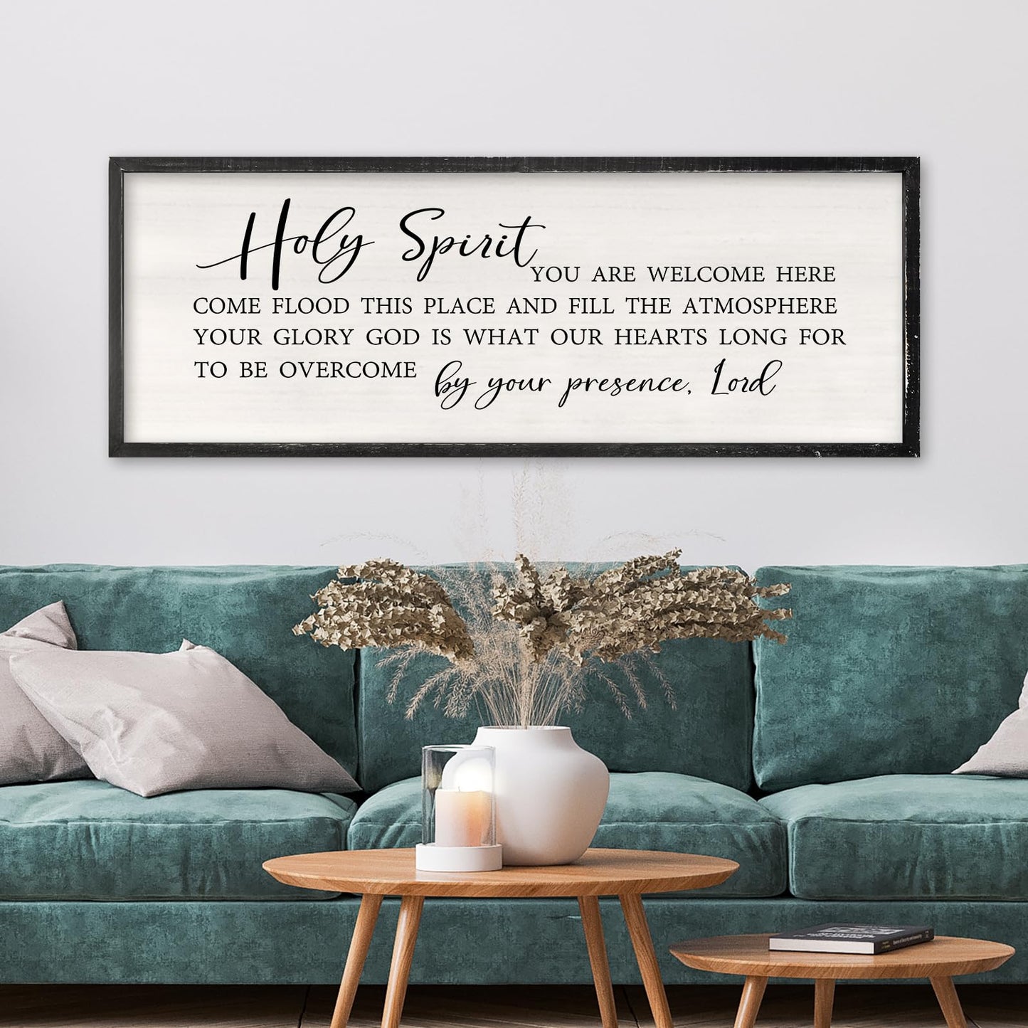 Holy Spirit You are Welcome Here Wall Decor Art 40x15 Inch Large Christian Song Bible Verse Plaque Wood Framed Sign Living Room Scripture Quote Religious For Office Wall Hanging (Black)