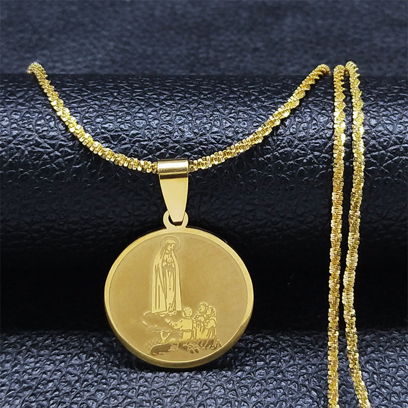 Gold-Plated Round Medallion Virgin Mary Prayer Necklace