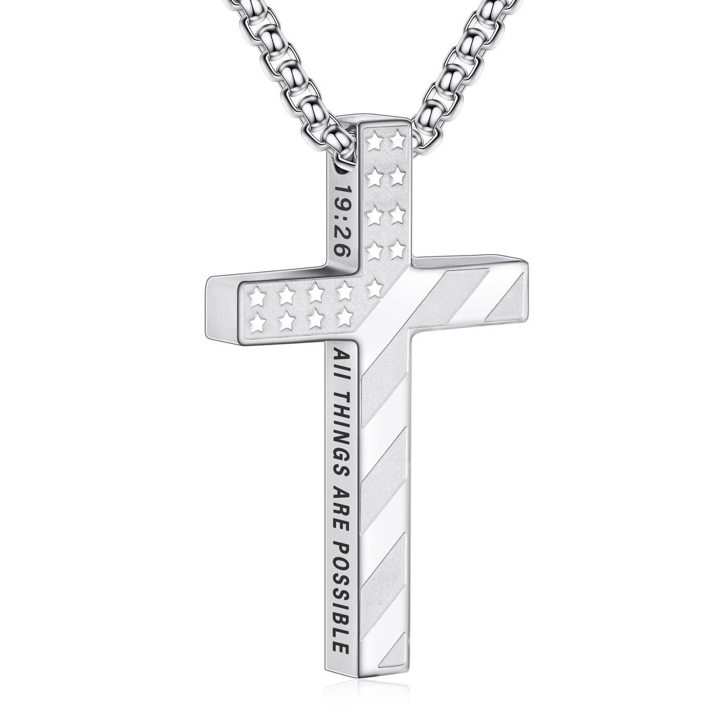 Lydow Cross Necklace for Men Boys Silver American Flag Bible Verse Stainless Steel Pendant Religious Christian Jewelry Gifts Teen Son Him 8-12 Confirmation First Communion Baptism Catholic 19:26