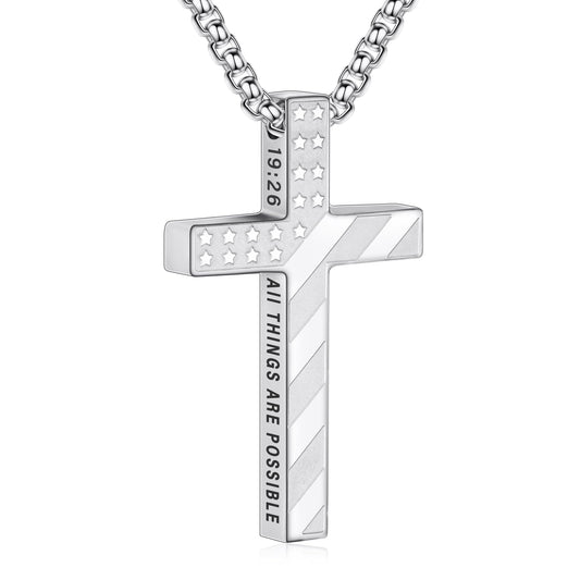 Lydow Cross Necklace for Men Boys Silver American Flag Bible Verse Stainless Steel Pendant Religious Christian Jewelry Gifts Teen Son Him 8-12 Confirmation First Communion Baptism Catholic 19:26