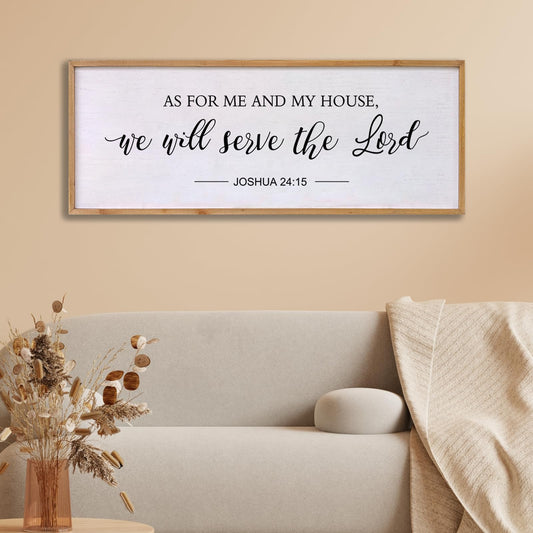 As for Me and My House We Will Serve the Lord Wall Decor - 32" x 12" Large Rustic Family Living Room Wood Framed Home Sign Joshua 24 15 Christian Bible Verse Plaque Hanging Wall Art(Wood)