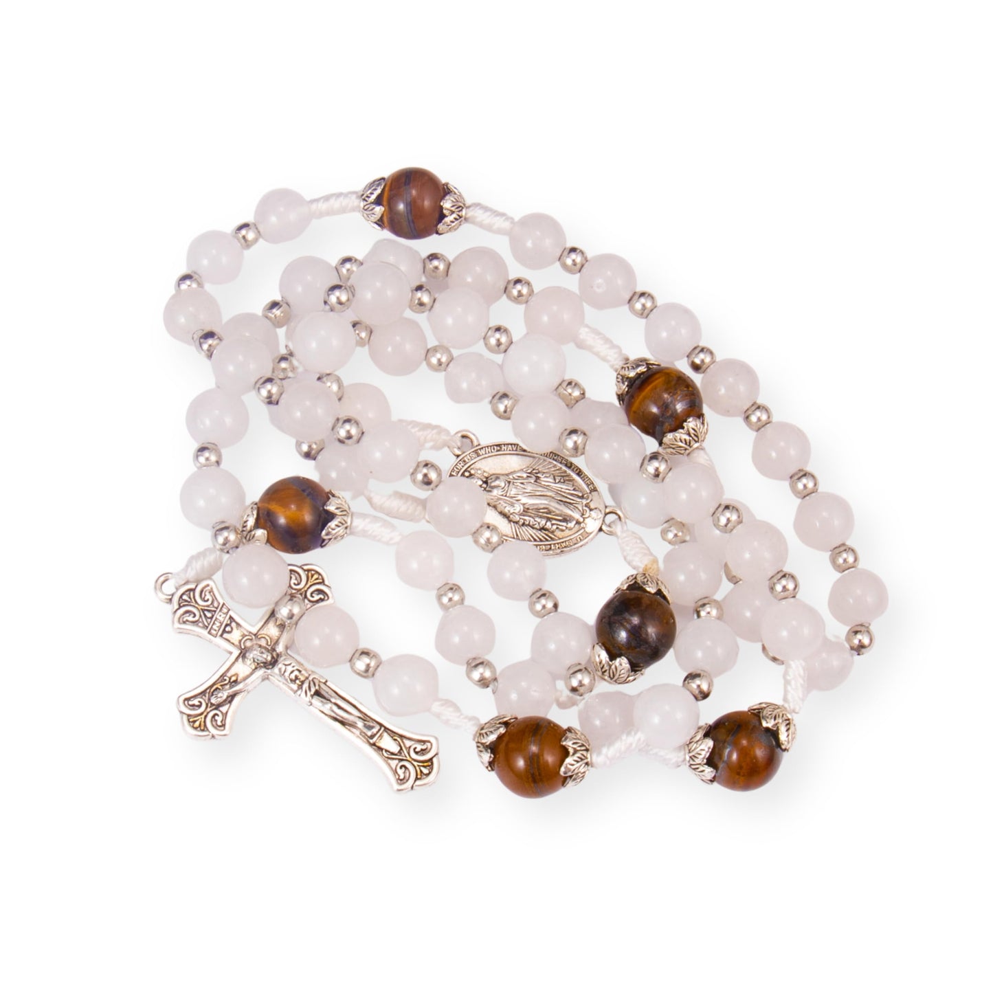 Nazareth Store 8mm White Jade & 10mm Tiger Eyes Stone Beads Rosary Necklace St. Miraculous Medal & Cross Crucifix Catholic Prayer Beads