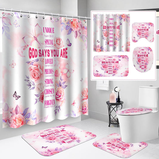 4 Pcs Pink Butterfly Inspirational Quotes Shower Curtain Set with Rugs and Toilet Lid Cover Waterproof Fabric Bathroom Set for Women Girls Bible Verse Floral Bathroom Decor Set with 12 Hooks