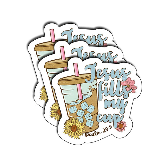(3Pcs) Jesus Fills My Cup Sticker God Cristianos Christian Cross Bible Waterproof Vinyl Water Bottle Books Phones Laptops for Love Jesus Waterproof Hard Hat Decals Decoration Stuff Gifts 3 Inch