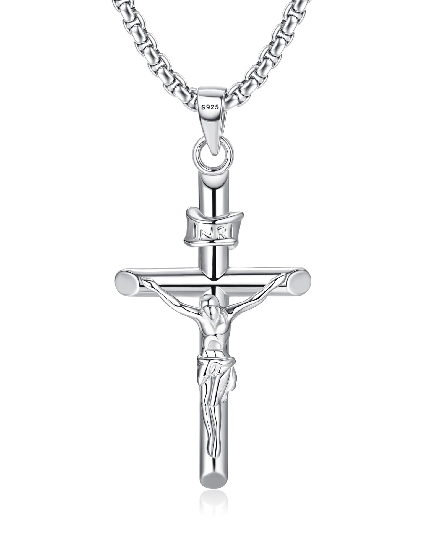 MILACOLATO 925 Sterling Silver Crucifix Necklace for Men Women 2mm Sterling Silver Rolo Chain Small Crucifix Pendant Jesus Crucifix Cross Necklace 18 Inches Christian Religious Jewelry Gifts