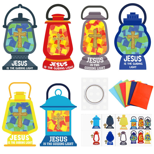 Blushtier 30 Sets Christian Religious Crafts for Kids Jesus Lights The Way Tissue Sign Craft Bible Verse Sticker DIY Oil Lamp Tissue Paper Cross Craft Bulk for Sunday School Vbs Home Church Activity