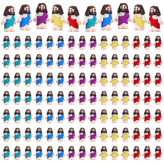 Bememo 100 Pcs Jesus Toys Original Design Mini Rubber Little Jesus Figurine to Hide and Seek Religious Party Favors Sunday Craft Baptism Gifts for Easter Egg Stuffers(Multicolor)