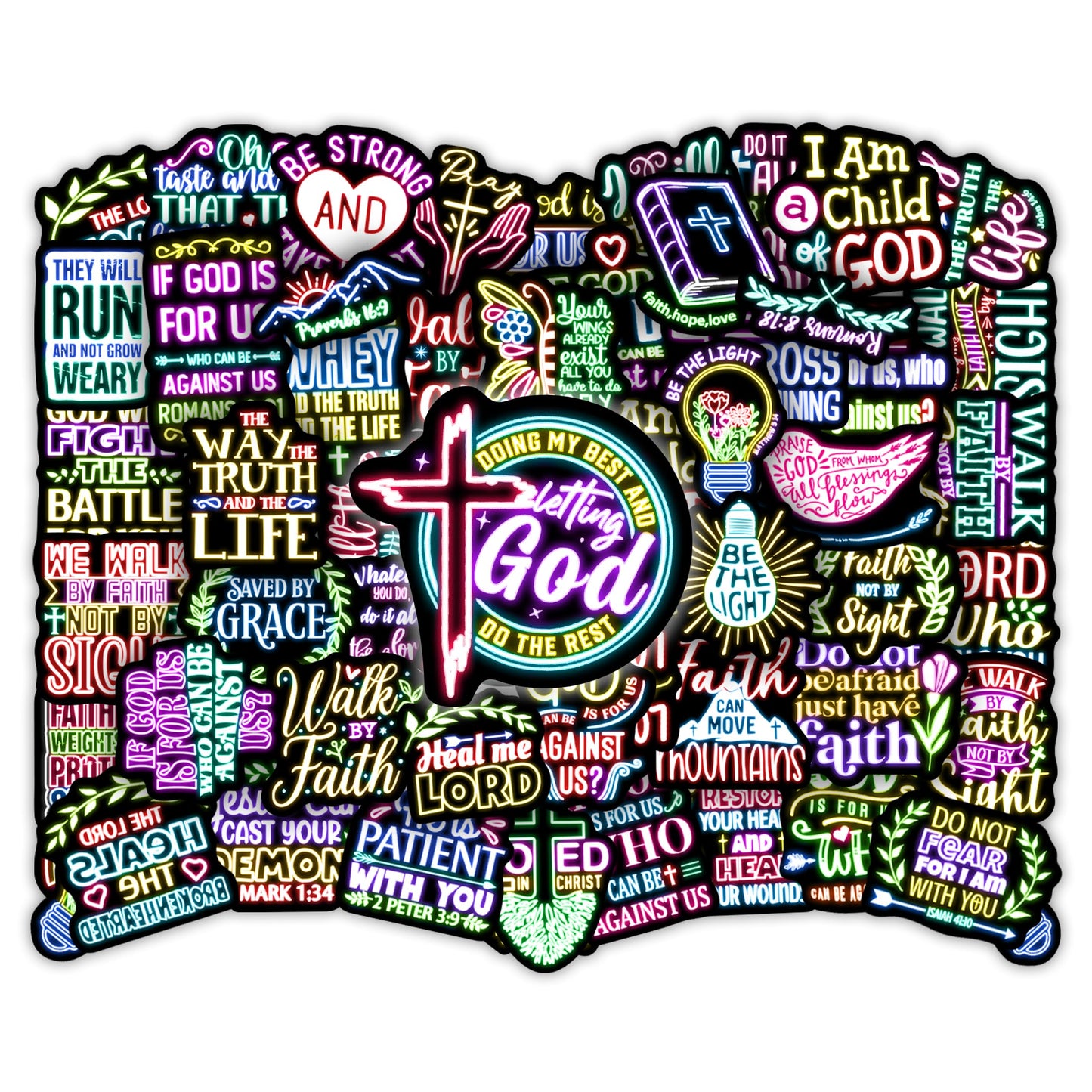 50 Pcs Jesus Christian Bible Stickers for Kids Neon Christ Faith Vinyl Waterproof Water Bottle Laptop Decals Teens Adults Religious Christianity Christmas Easter Thanksgiving