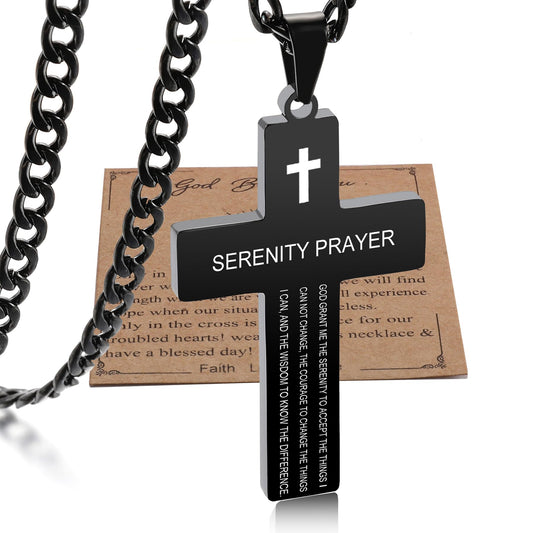 SKQIR Cross Necklace for Men with Bible Verse Christian Religious Serenity Prayer Scripture Baptism First Communion Black Chain Pendant for Boys JewelryFathers Day Dad 2024 Graduation Gifts for Him