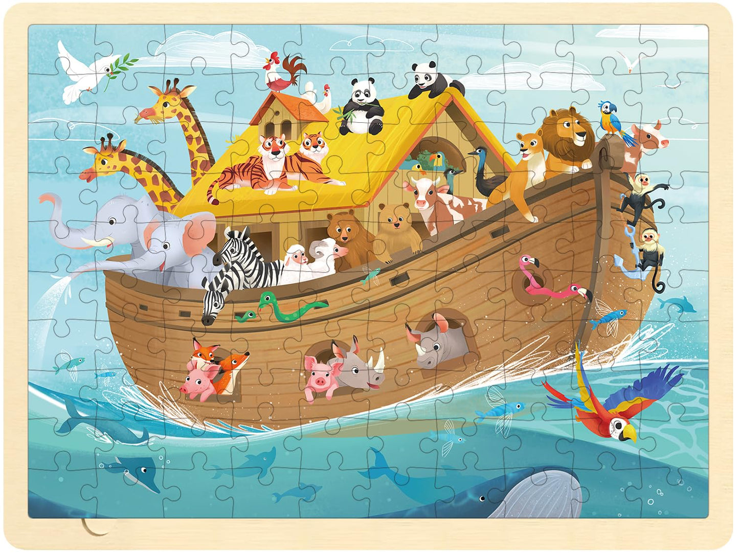 MoinKidz Wooden Puzzles for Kids Ages 3-5 Noahs Ark 100 Piece Religious Scene Christian Bible Puzzles for Kids Ages 4-8 with Storage Tray